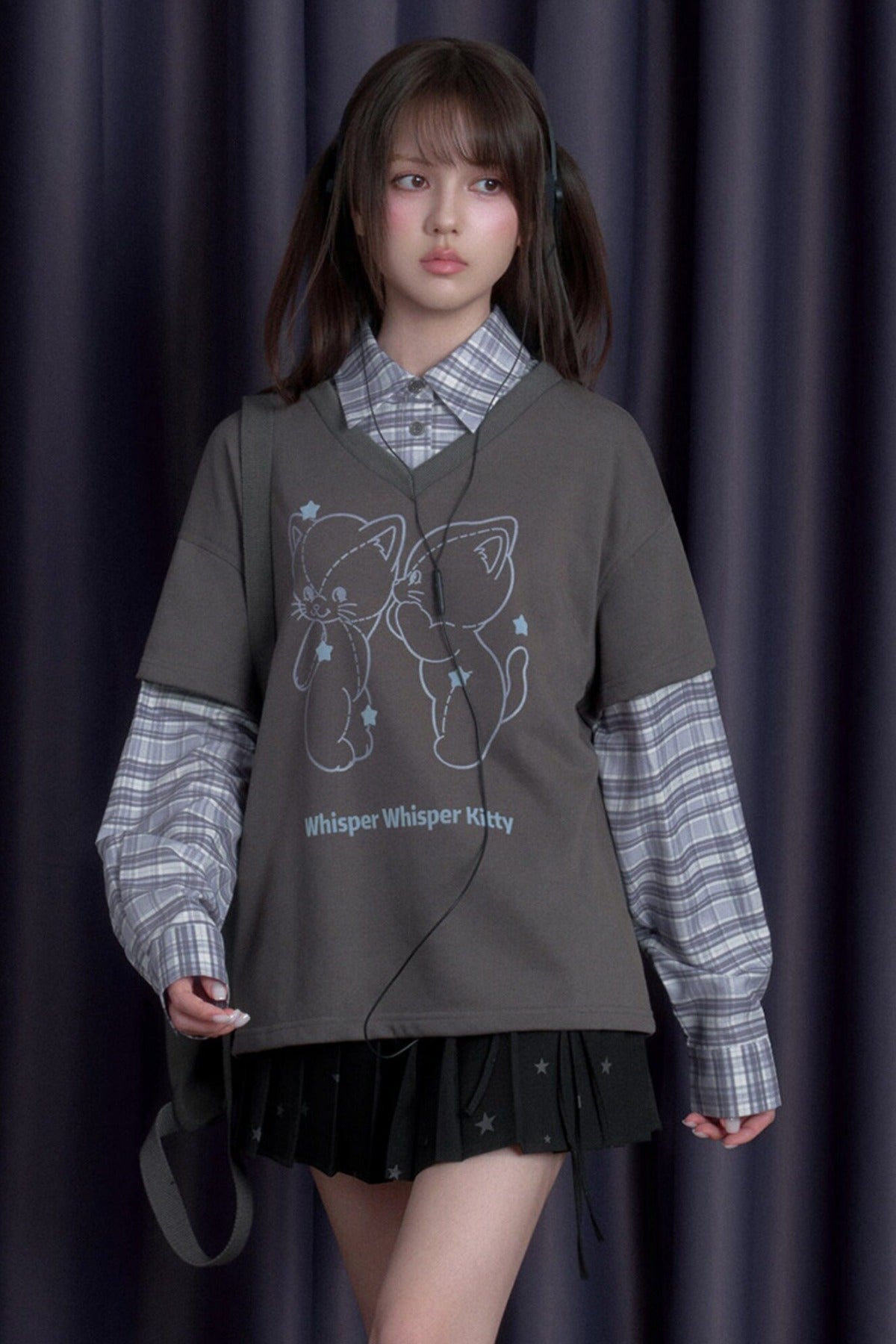 Sweatshirt im Lagenlook mit Katze und Karomuster