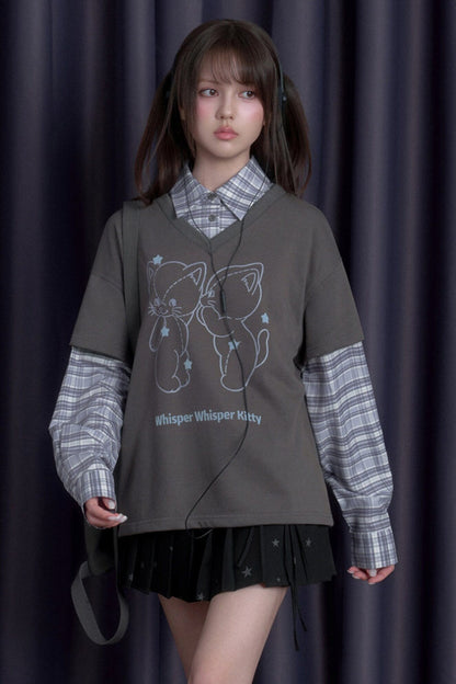 Sweatshirt im Lagenlook mit Katze und Karomuster