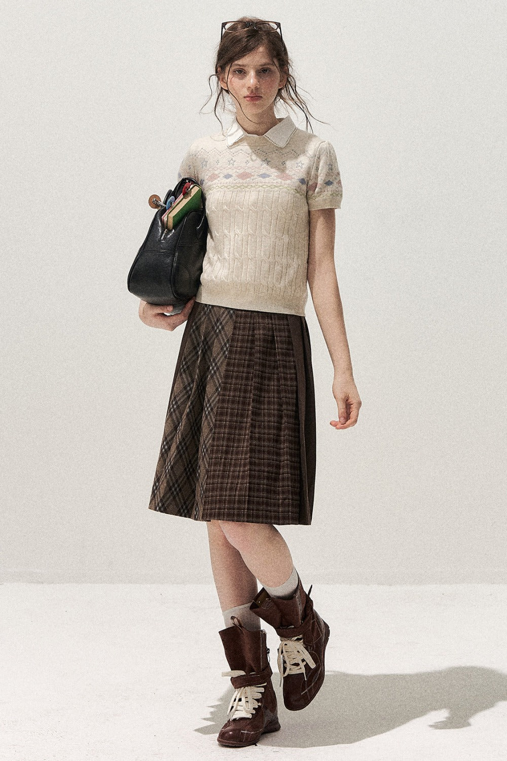 Retro Fair Isle Argyle Short-Sleeve Knit Sweater and Skirt Set-Up