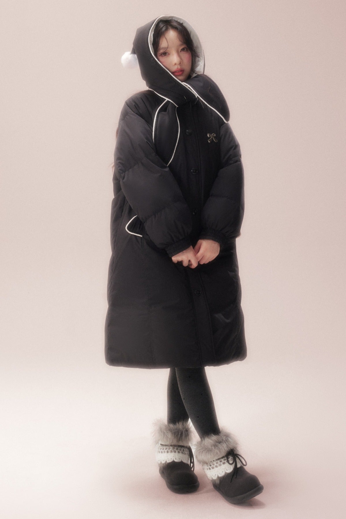 Cute Fur Ball Scarf Hat Long White Duck Down Jacket