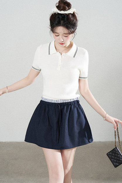Ensemble tee-shirt polo en tricot blanc à manches courtes et jupe
