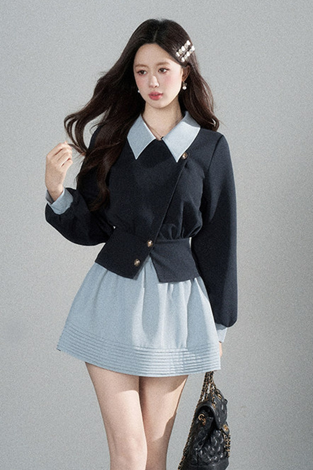 Color-Blocked Lapel Knit Top and Skirt Set-Up