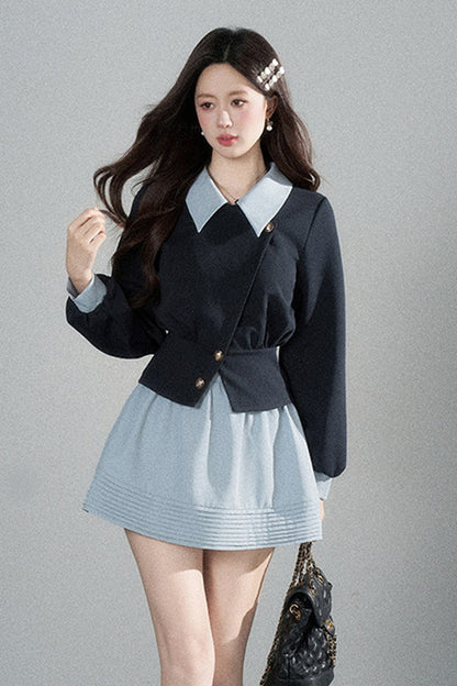 Color-Blocked Lapel Knit Top and Skirt Set-Up