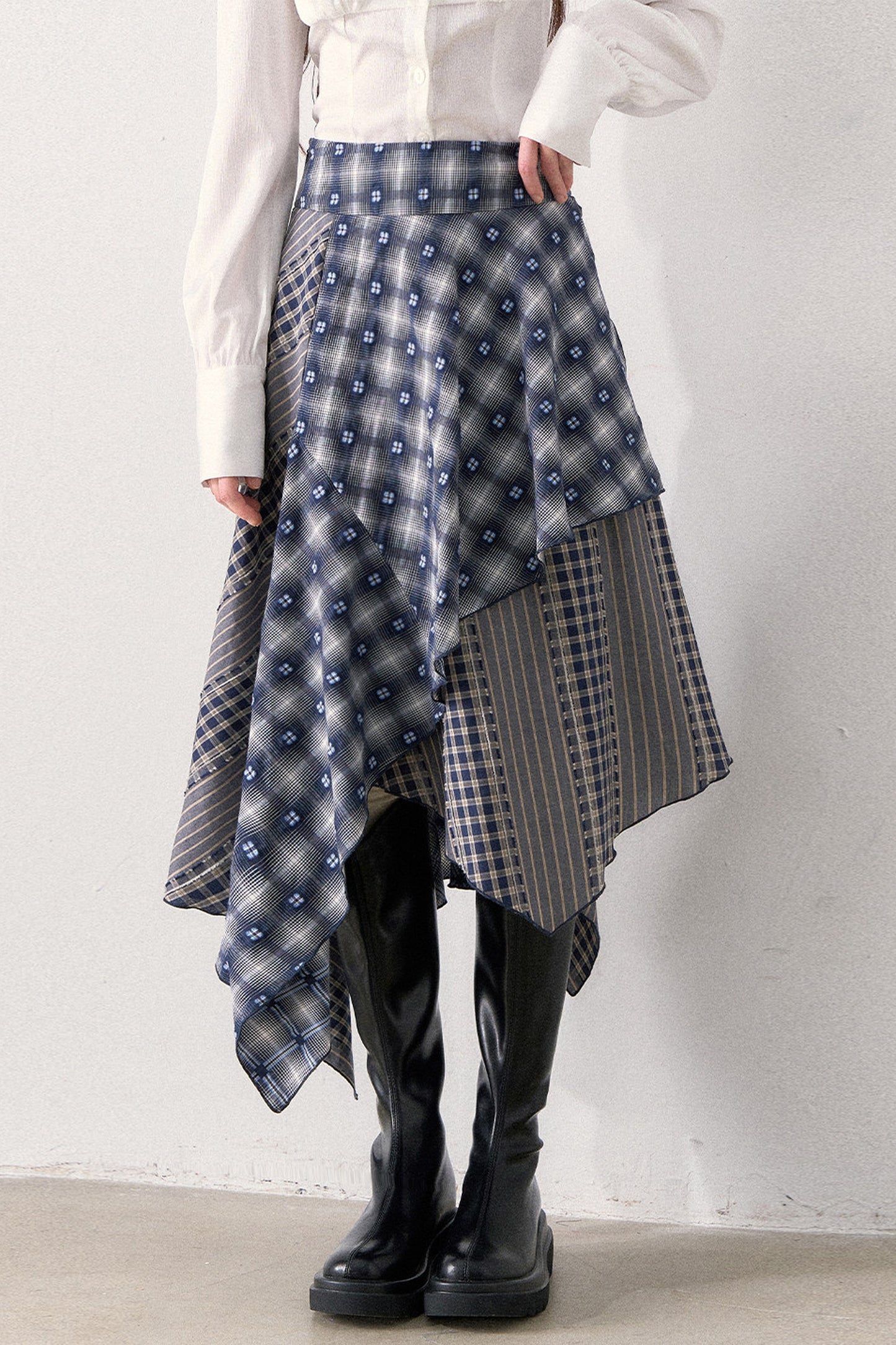 White Shirt and Denim Waistband Asymmetrical Plaid Skirt Set-Up