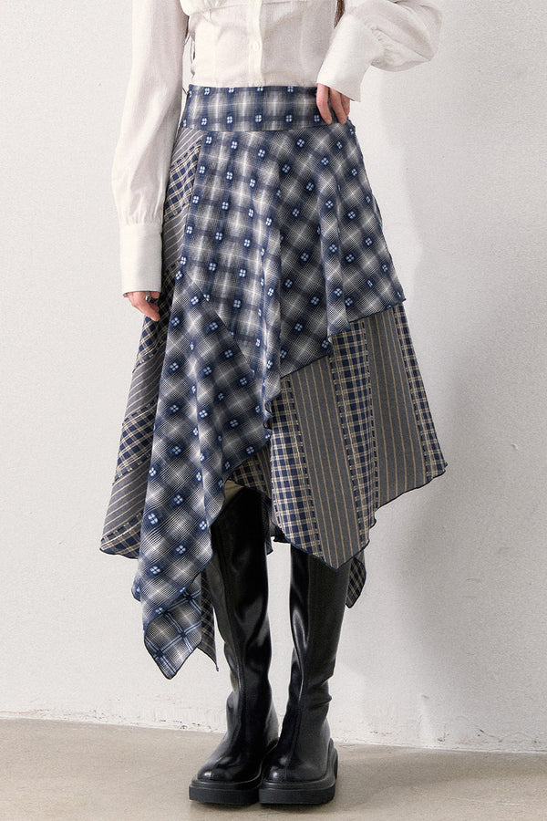 White Shirt and Denim Waistband Asymmetrical Plaid Skirt Set-Up