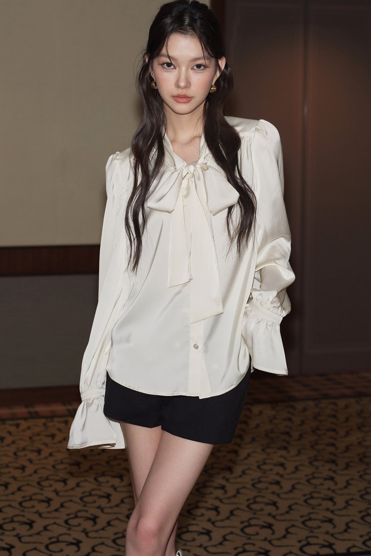 French Bow Long-Sleeved Shirt and Shorts Set-Up
