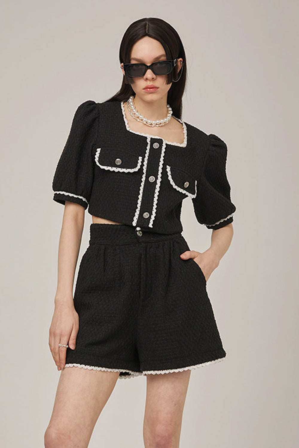 High-Waisted Lace Trim Tweed Shorts