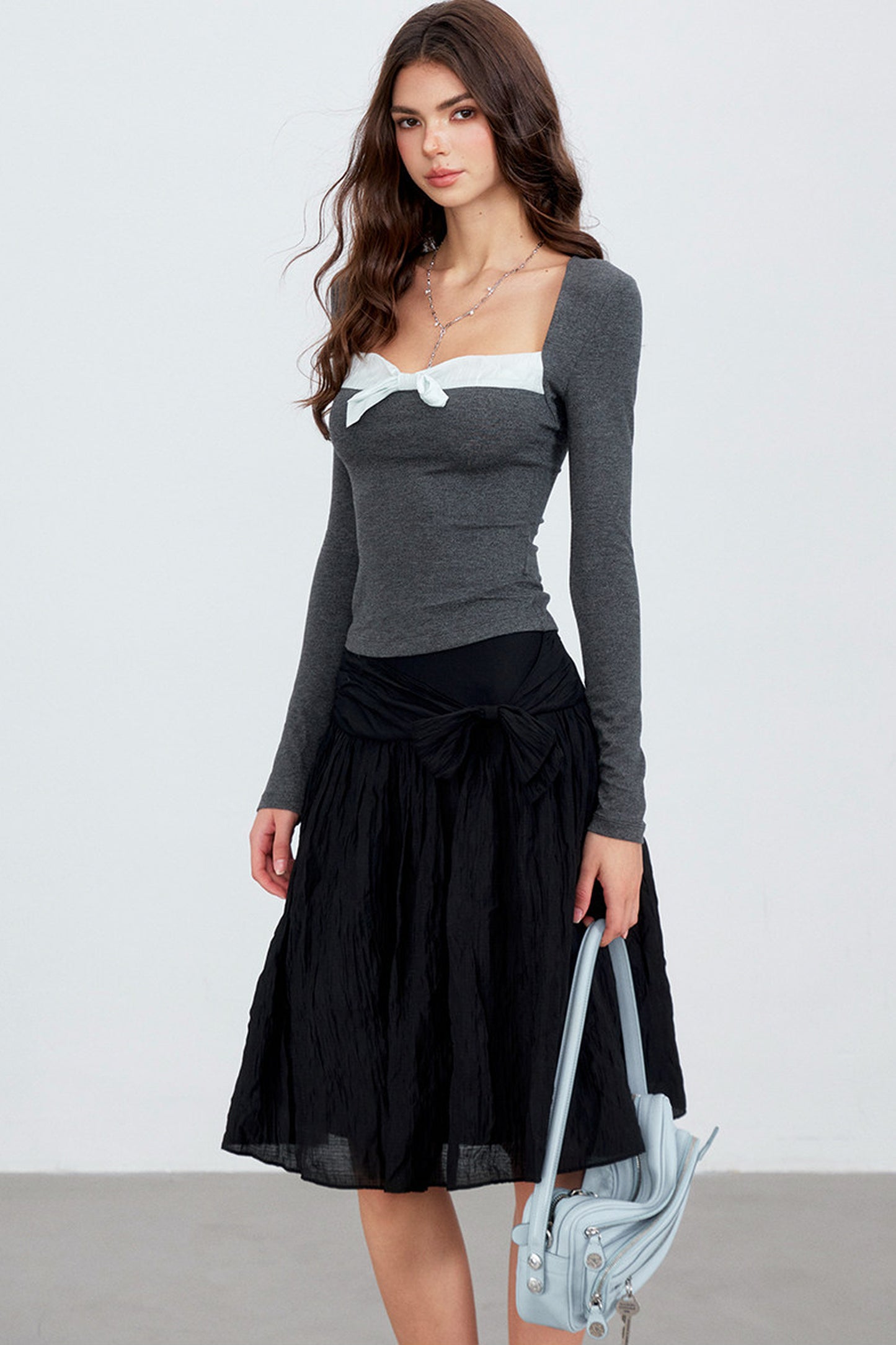 Contrast Bow Square Neck Long-Sleeve Top
