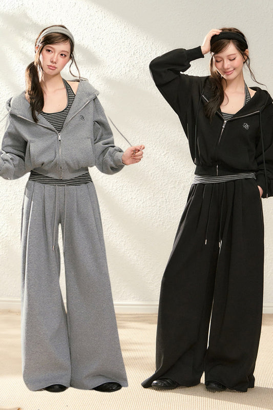 Hooded Drawstring Cardigan Set-Up