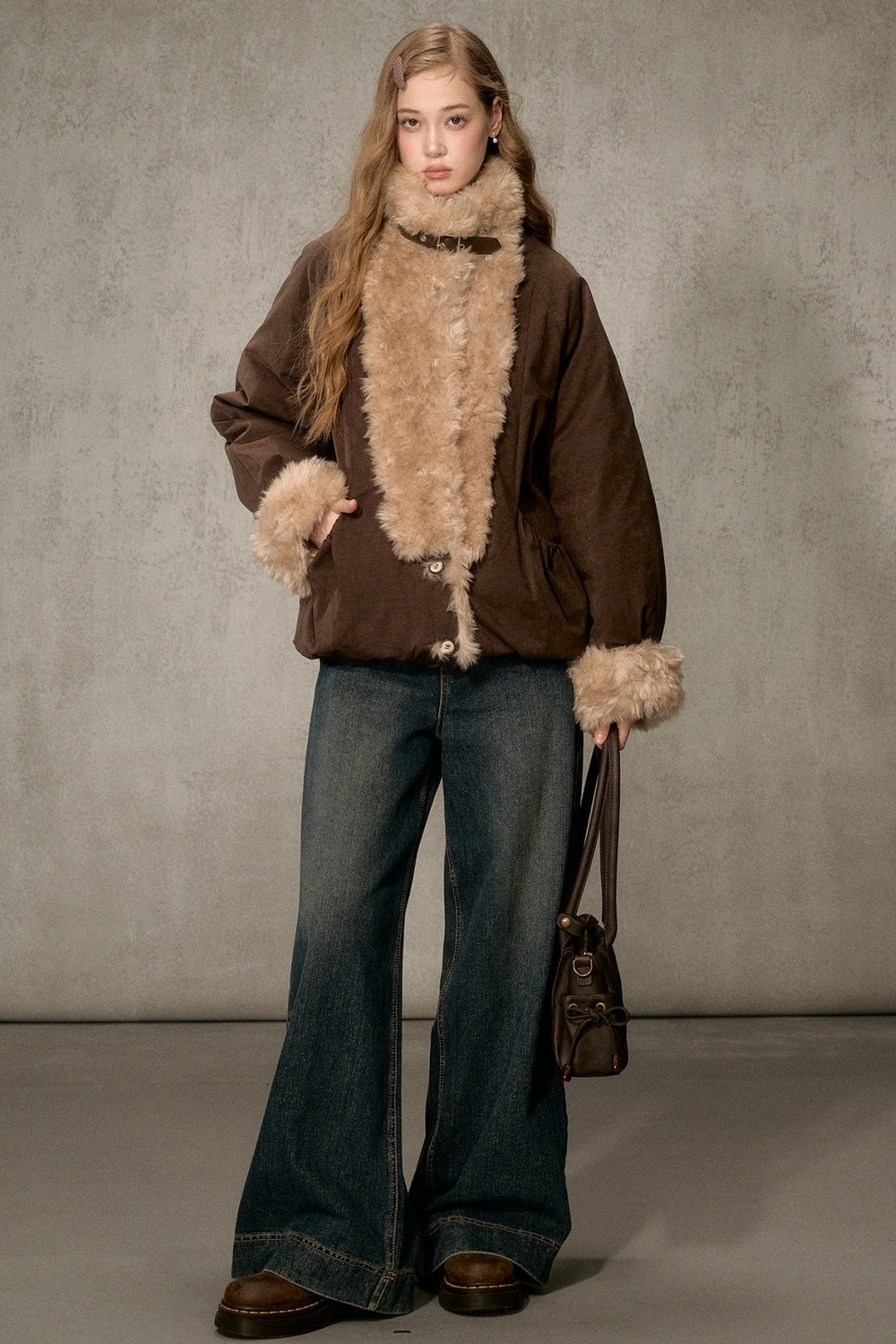 Wheat Spike Floral Plush Stand Collar Jacket