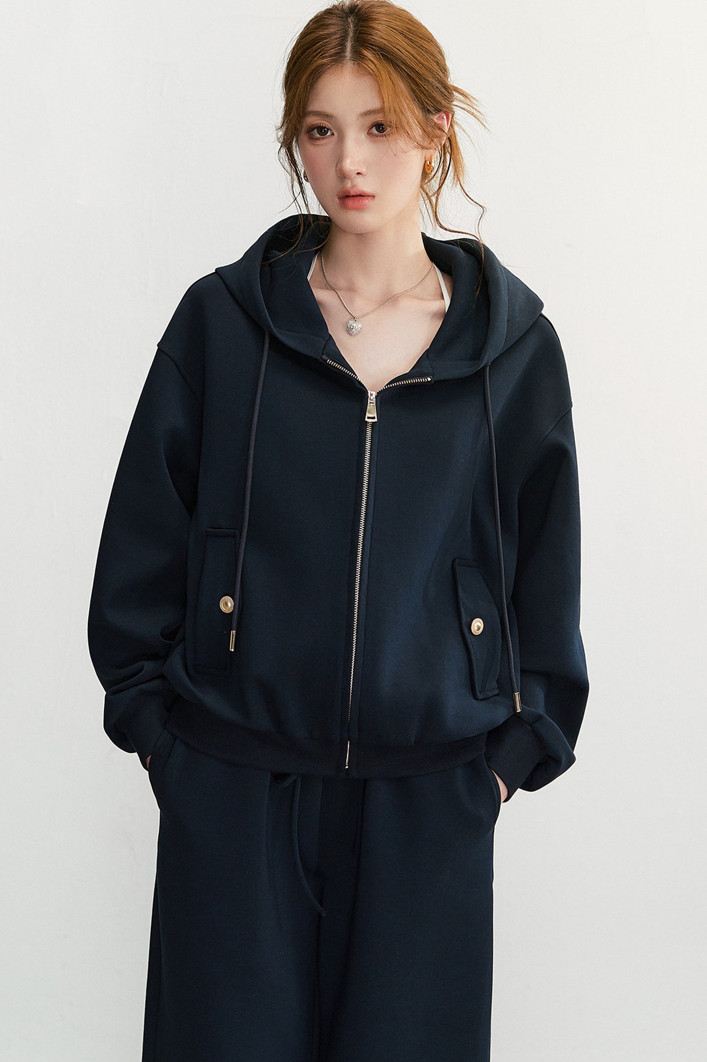 Embroidered Hooded Cardigan Sweatshirt and Wide-Leg Pants Set-Up