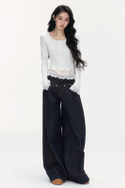 Asymmetrical Lace Henley Long-Sleeved Shirt