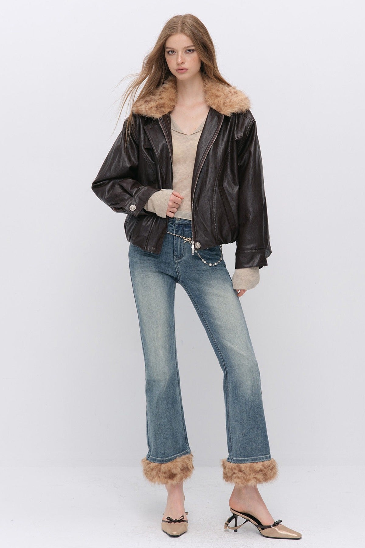 Textured Leopard Fur Collar PU Jacket