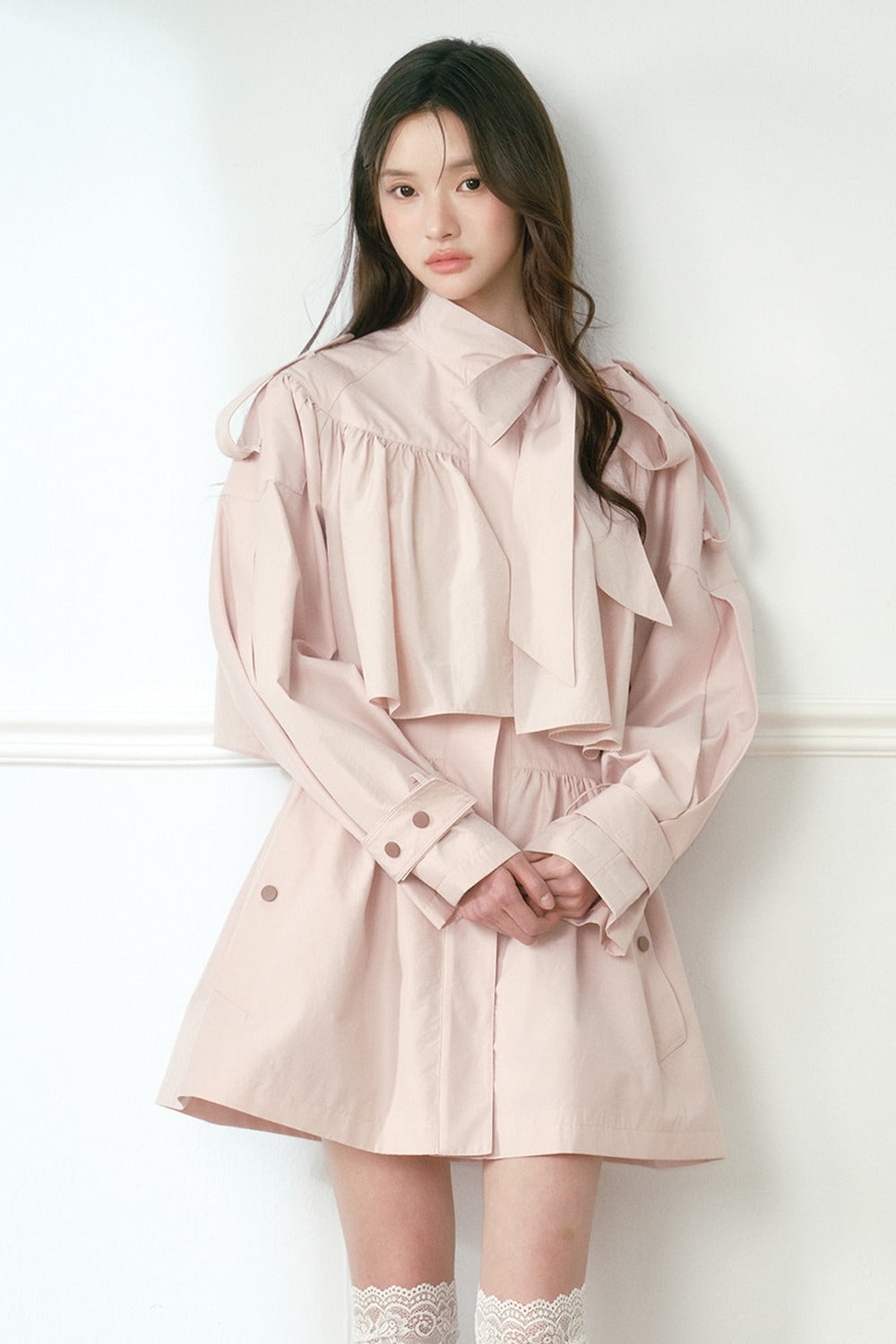 Ruched Bow Tie Cape Trench Coat