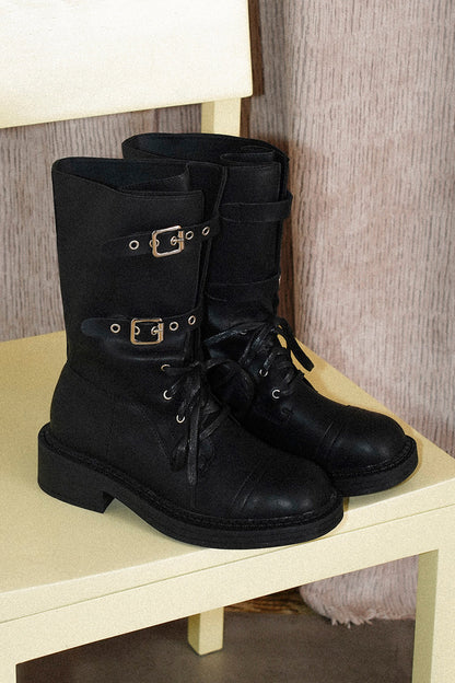 Thick-Soled Lace-Up Buckle Riding Boots