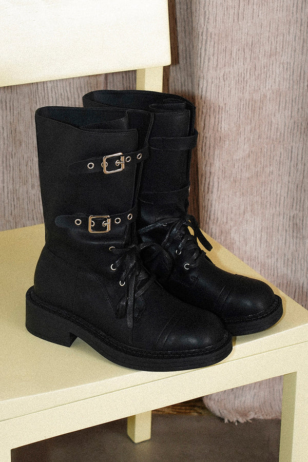Thick-Soled Lace-Up Buckle Riding Boots