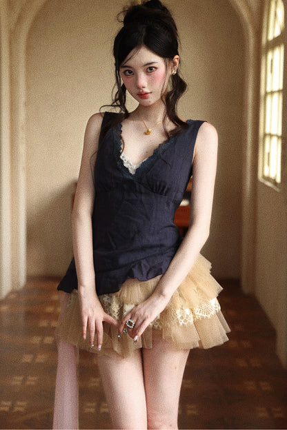 Navy Blue Lace V-Neck Ruffle Hem Camisole Set-Up