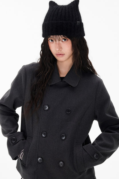 Double-Breasted Wool Coat and Pleated Skirt Set