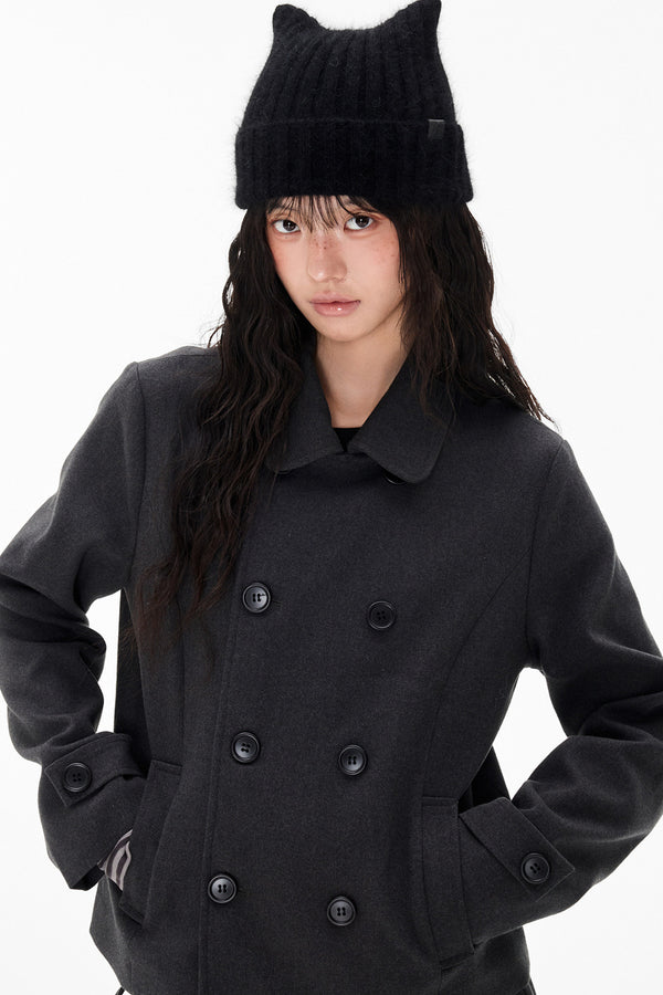 Double-Breasted Wool Coat and Pleated Skirt Set