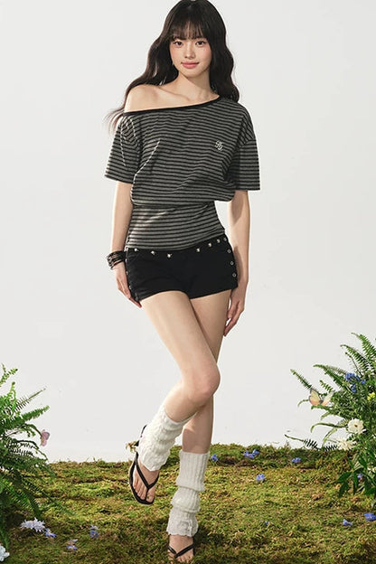 Off-Shoulder Vintage Striped Top