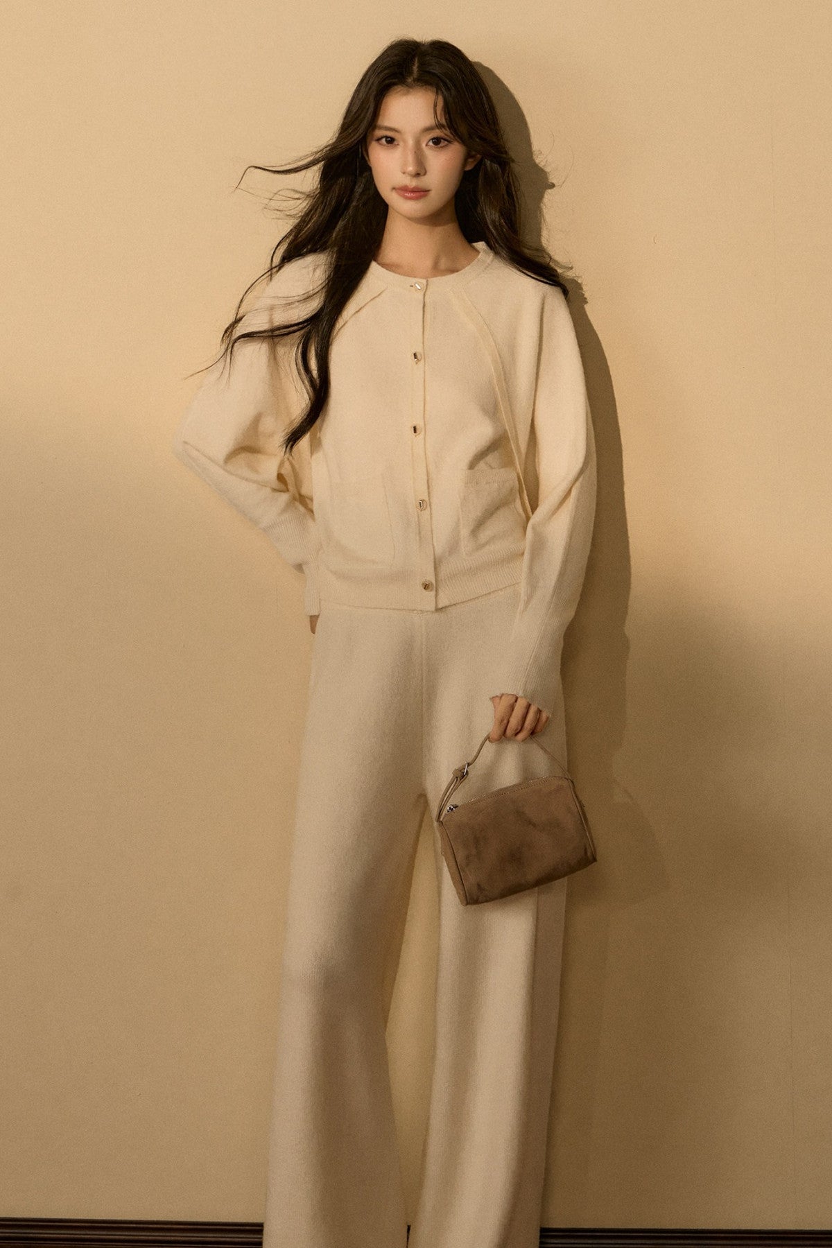 Wool and Cashmere Blend Cardigan and Pants Set-Up