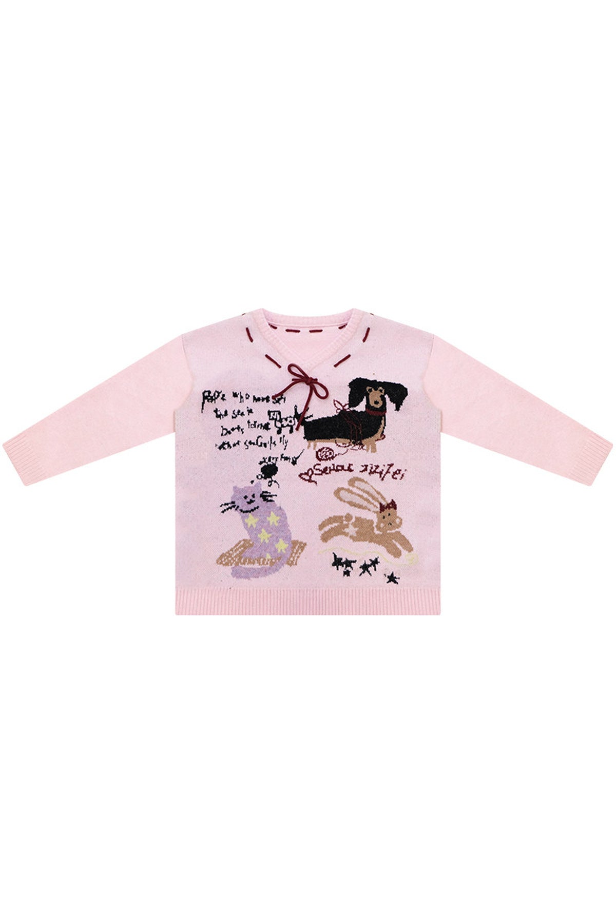 Pink Cartoon Print V-Neck Sweater