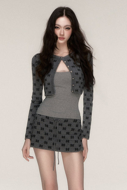 Grey Knit Cardigan and Skirt Set-Up