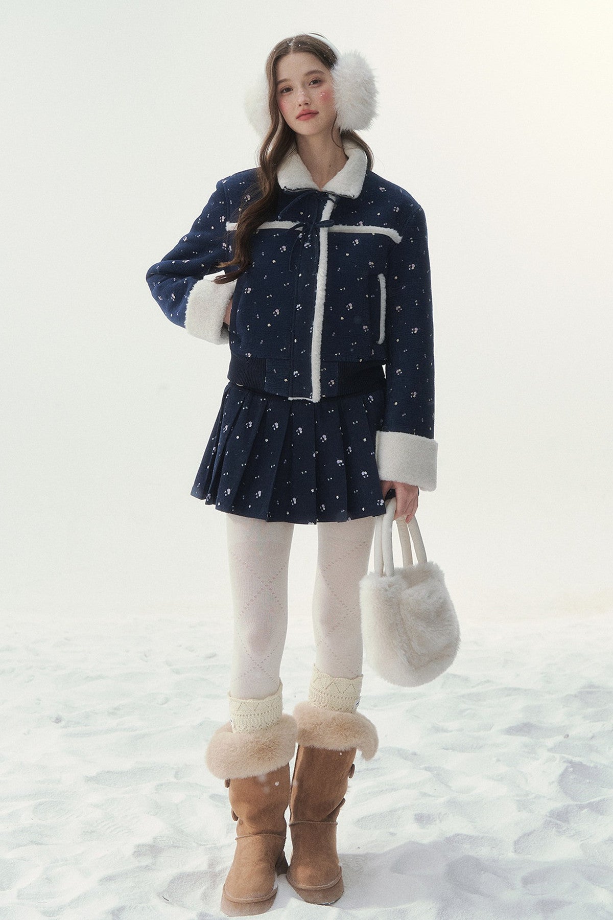 Floral Corduroy Lambswool Patchwork Jacket and Pleated Skirt Set-Up