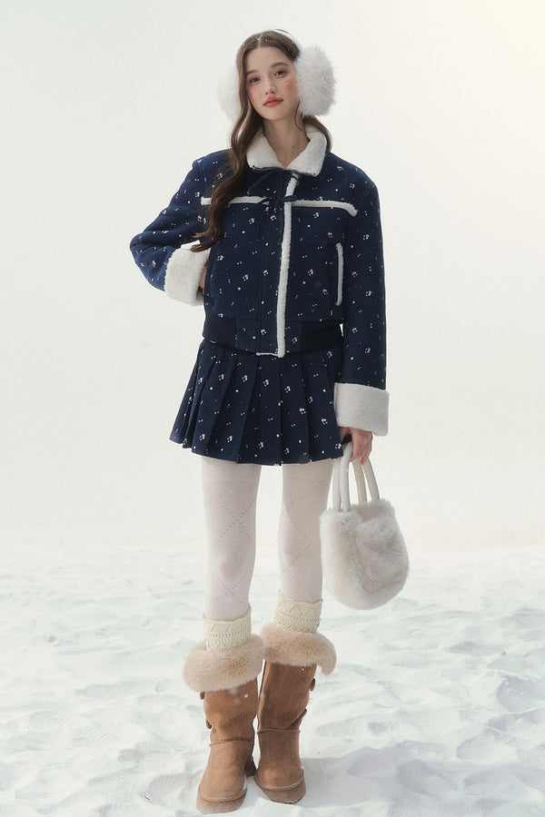 Floral Corduroy Lambswool Patchwork Jacket and Pleated Skirt Set-Up