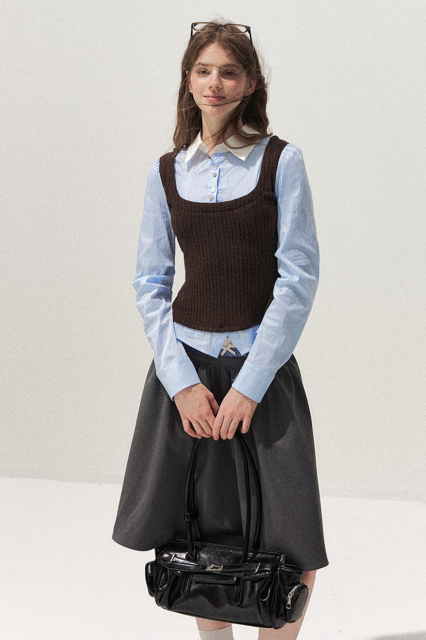 Spliced Twist-Knit Vest with Shirt Set