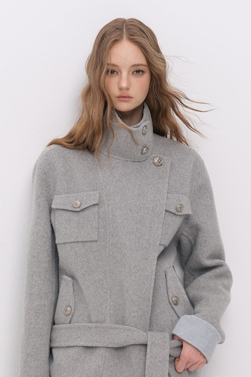 Belted Stand Collar Wool Coat