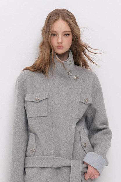 Belted Stand Collar Wool Coat