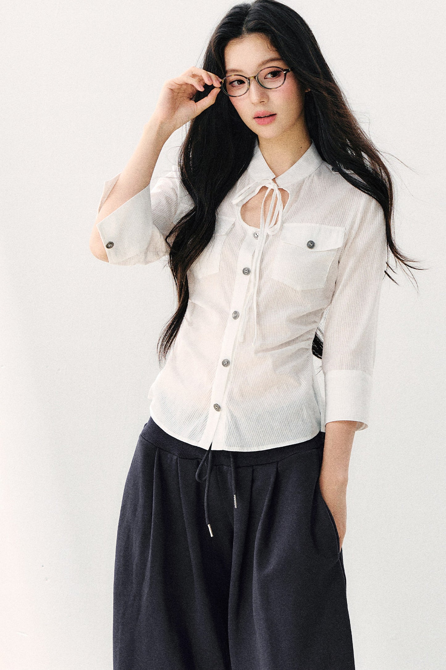 Pure Cotton Tie Neck Three-Quarter Sleeve Shirt