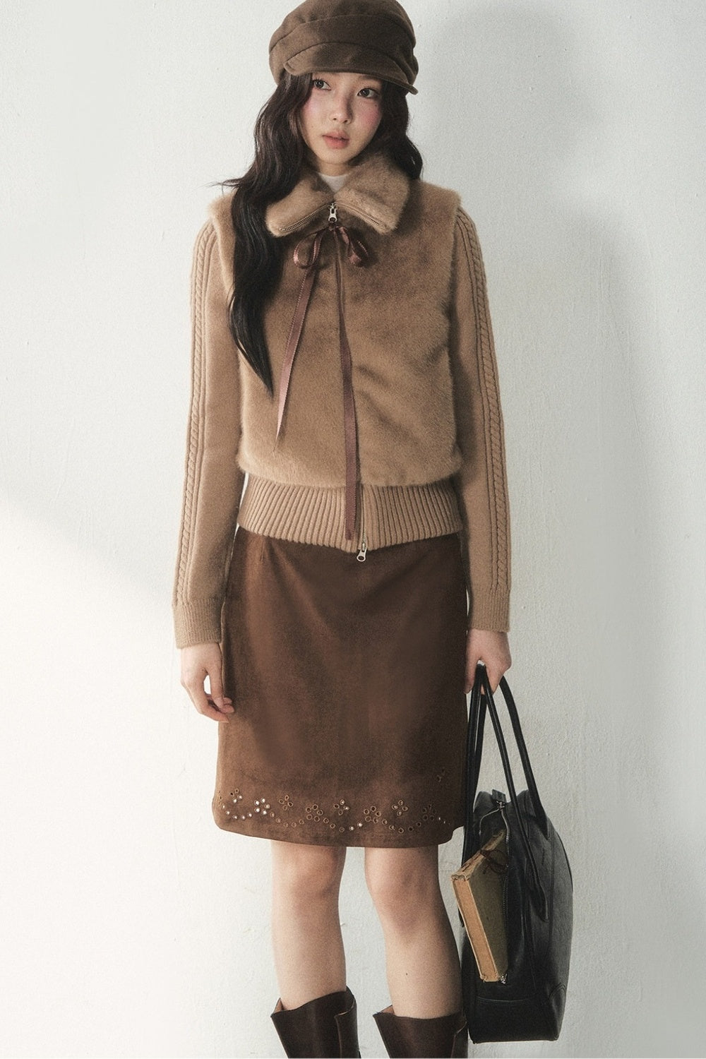 Retro Suede Embroidered Floral Midi Skirt
