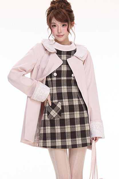 Double-Breasted Trench Coat and Plaid Dress Set-Up