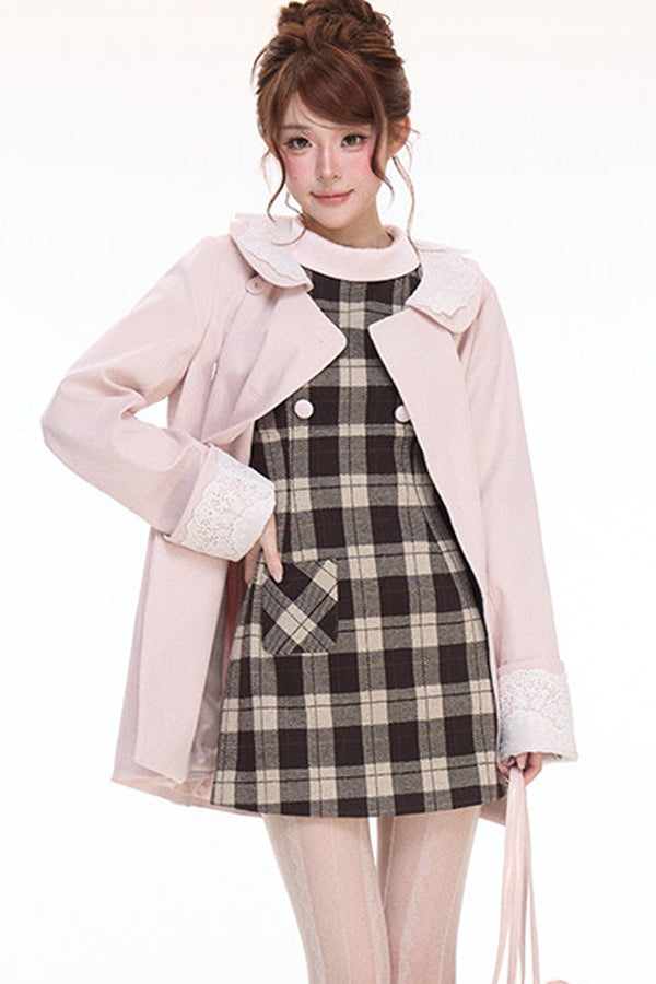 Double-Breasted Trench Coat and Plaid Dress Set-Up