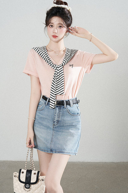 Loose Short-Sleeved Striped Shawl T-Shirt and Denim Skirt Set-Up