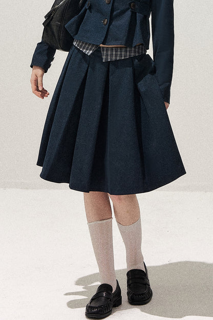 Navy Denim Jacket and Pleated Skirt Set-Up