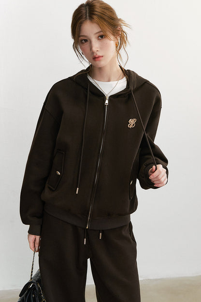 Embroidered Hooded Cardigan Sweatshirt and Wide-Leg Pants Set-Up
