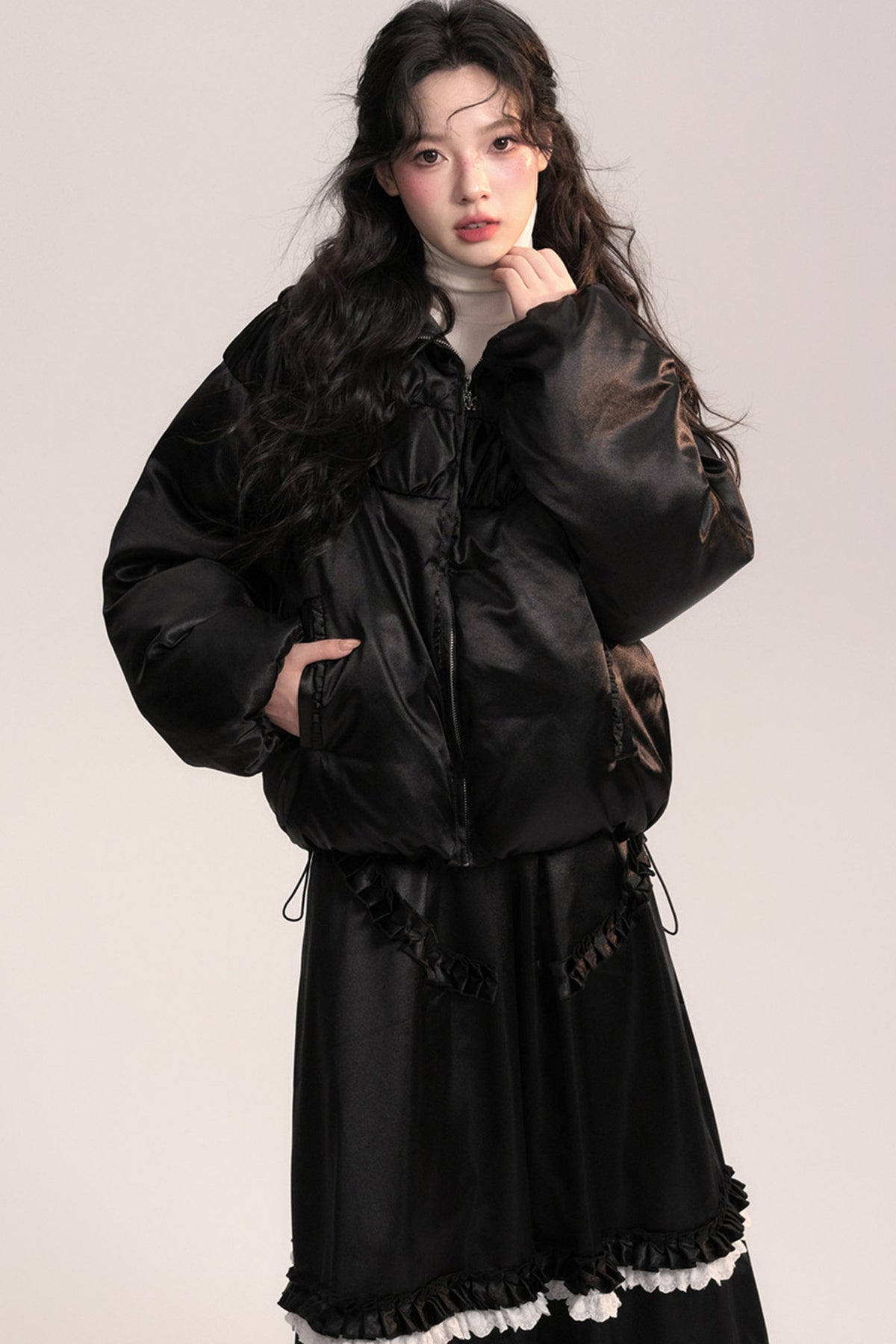 Silk Texture Pleated Puffer Jacket