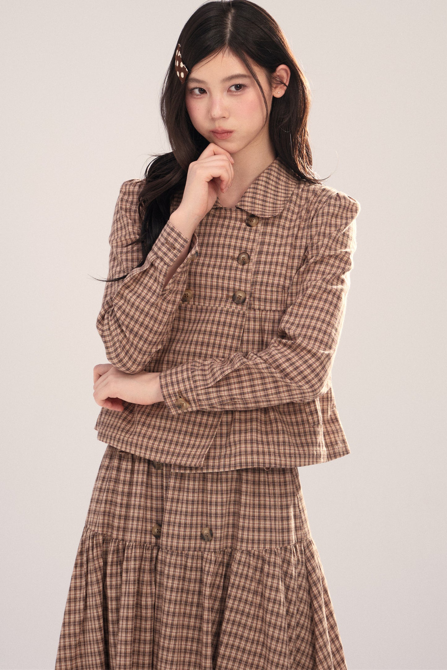 Long-Sleeved Plaid Shirt and Skirt Set-Up