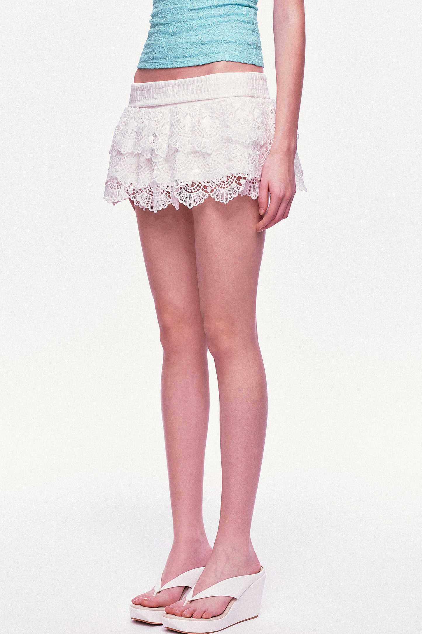White Multi-Layered Ruffle Lace Mini Skirt