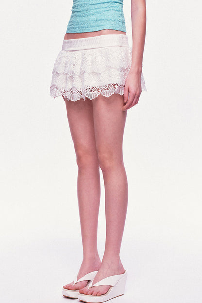White Multi-Layered Ruffle Lace Mini Skirt
