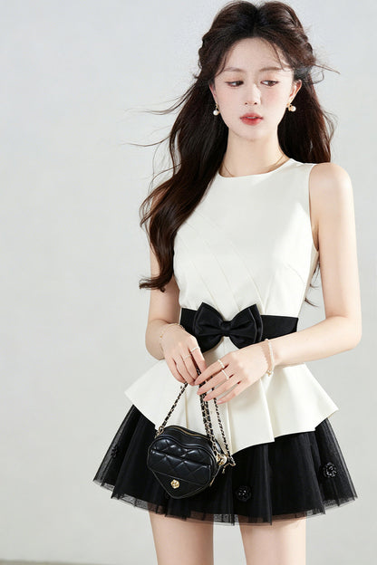 Bowknot Peplum Top and Tulle Skirt Set-Up