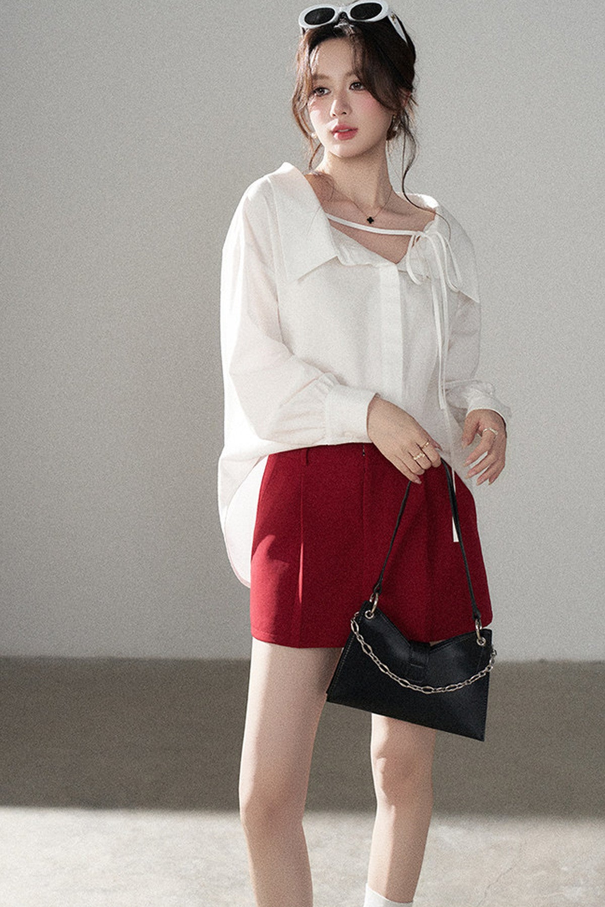 Long-Sleeve V-Neck Shirt and Skirt Set-Up
