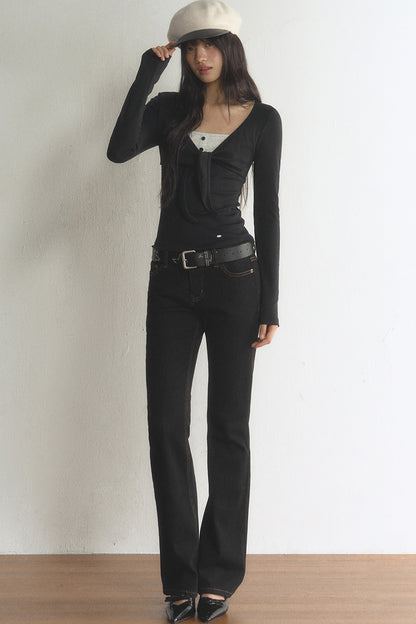 V-Neck Bow Contrast Long-Sleeve Top and Pants Set-Up