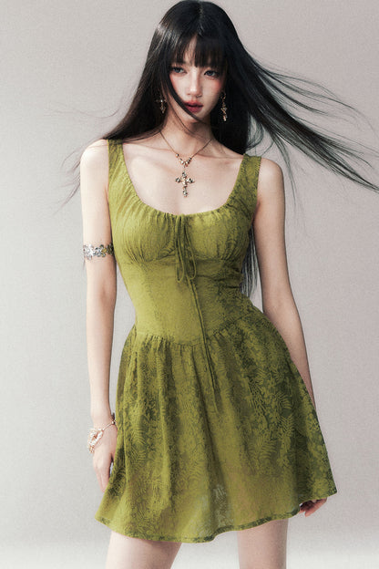 Moss Green Sleeveless Lace Dress