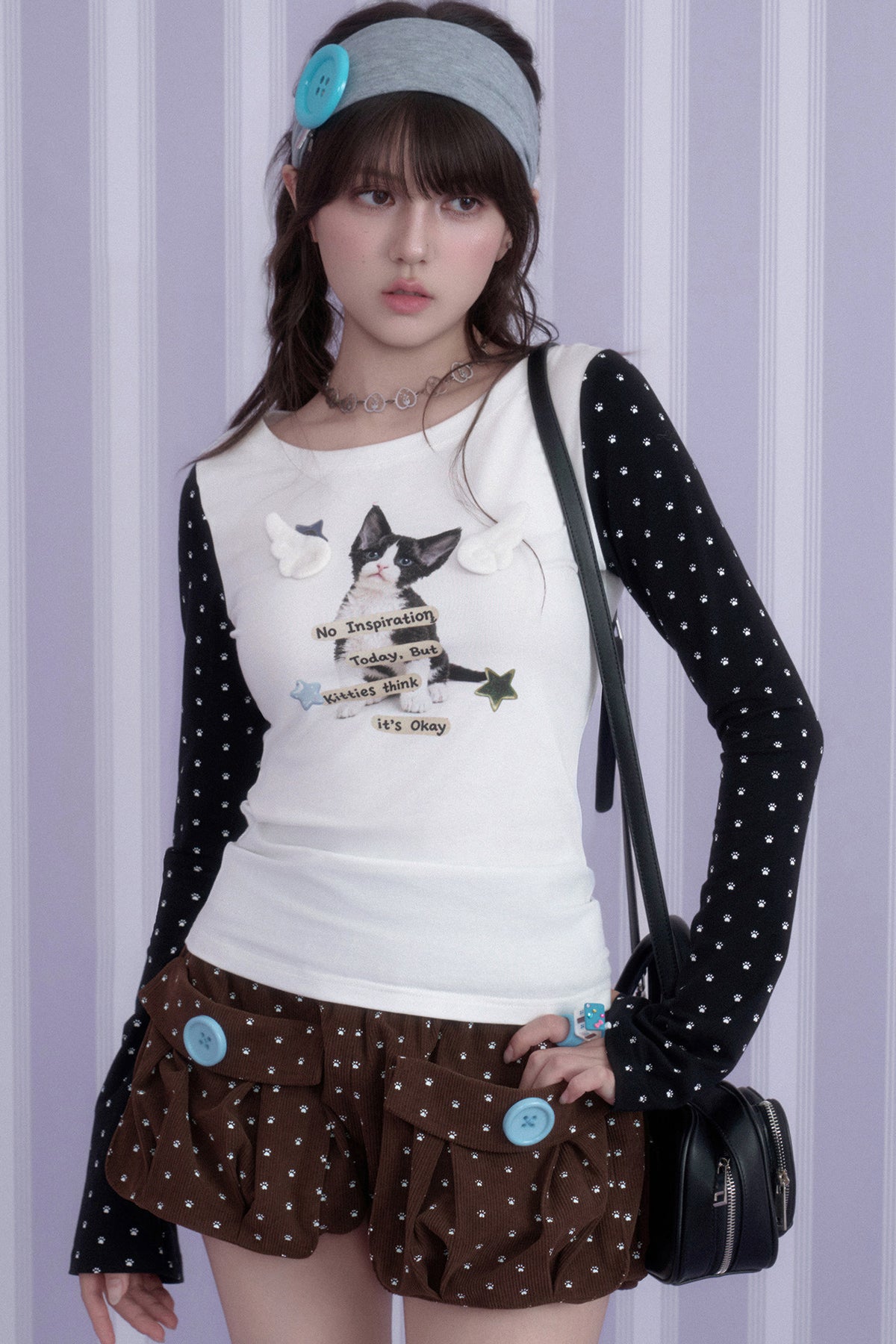 Cat Print Waist-Cinching T-Shirt