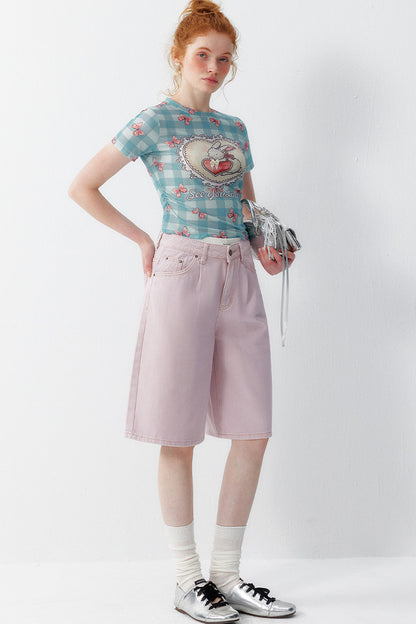 Blue Plaid Heart Rabbit Print T-Shirt