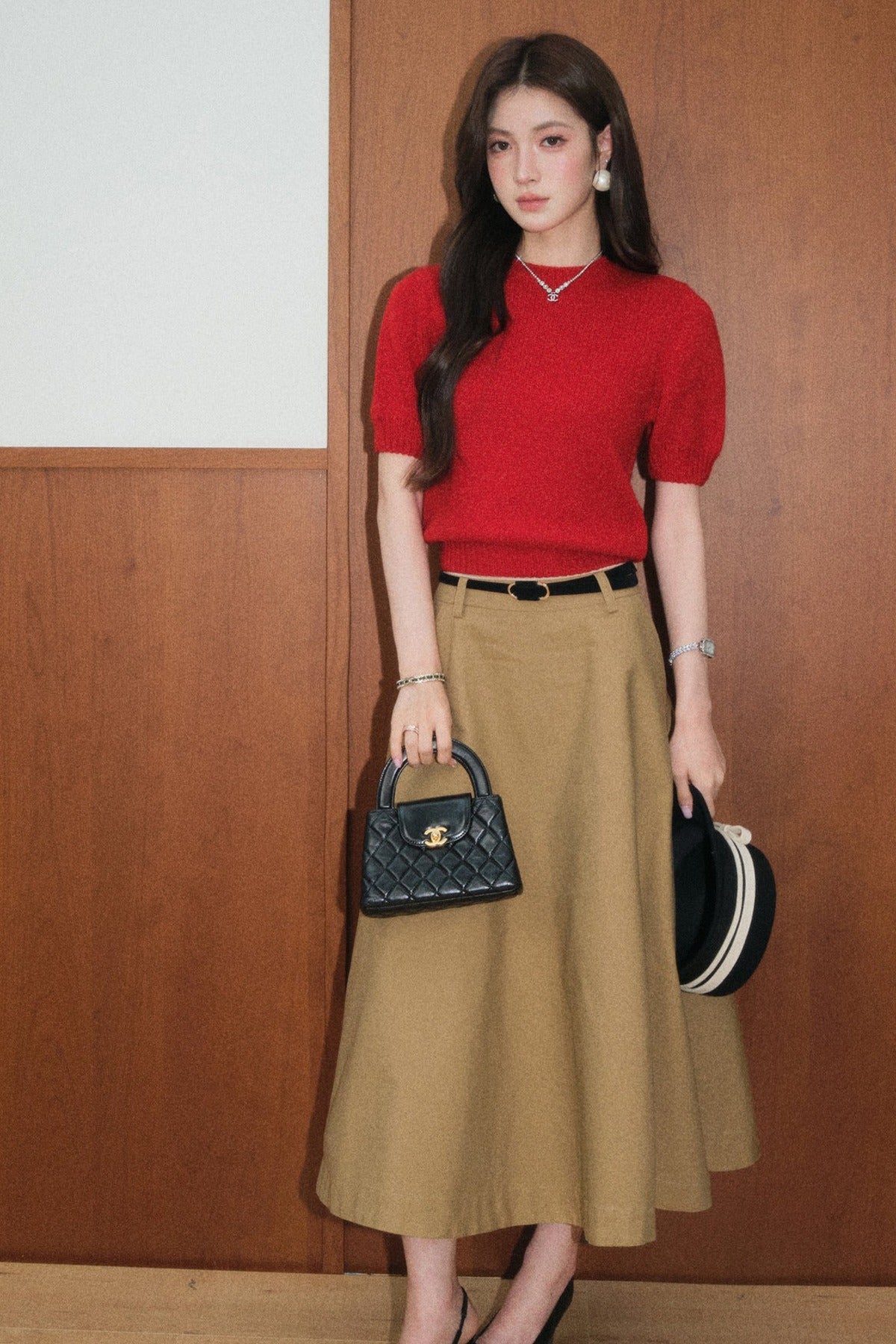 Red Wool Pullover and Retro A-Line Skirt Set-Up